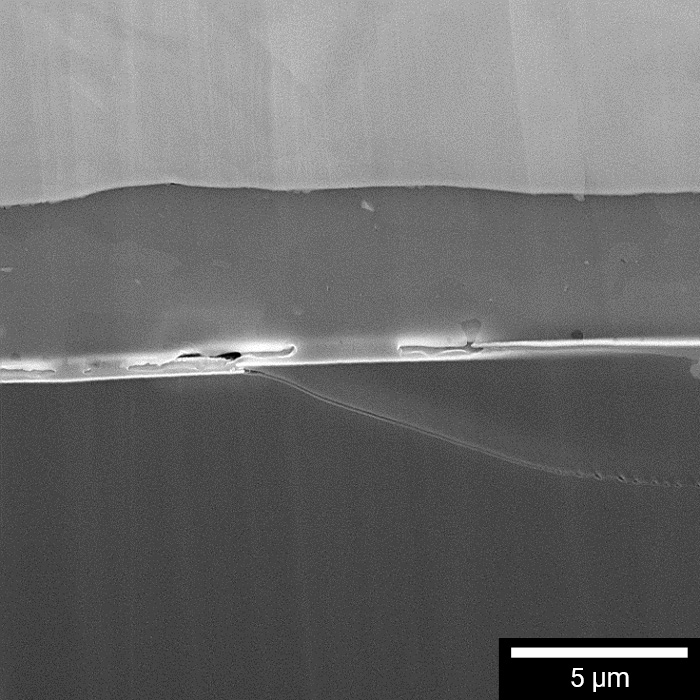 Microcracks at solder bump and under bump metallurgy interface, artefacts removed by TESCAN Rocking stage.