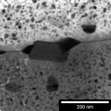 A Bright Field STEM image showing a section of an Al alloy containing Zn and Mg, captured using a R-STEM detector at 30 keV in FIB-SEM, using a TEM lamella preparation.