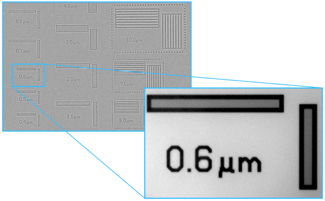 Figure 1: (left) Low-resolution radiograph of the JIMA resolution pattern acquired with TESCAN UniTOM HR;  (right) High resolution radiograph where 600 nm spaced line pairs are clearly resolved.