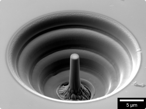 A micropillar for micromechanical testing prepared by FIB-SEM.
